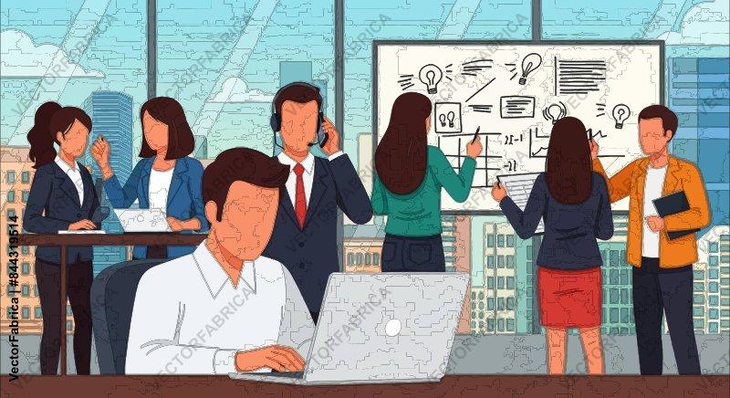 Business Team Collaborating in Modern Office Illustration