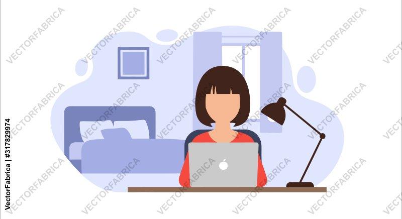 Woman working on laptop from home office bedroom flat illustration