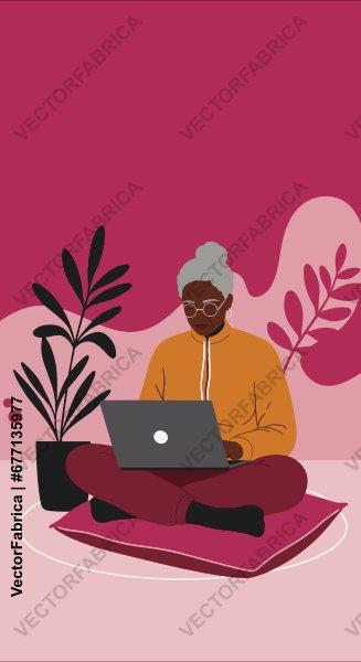 Senior Woman Working on Laptop Illustration