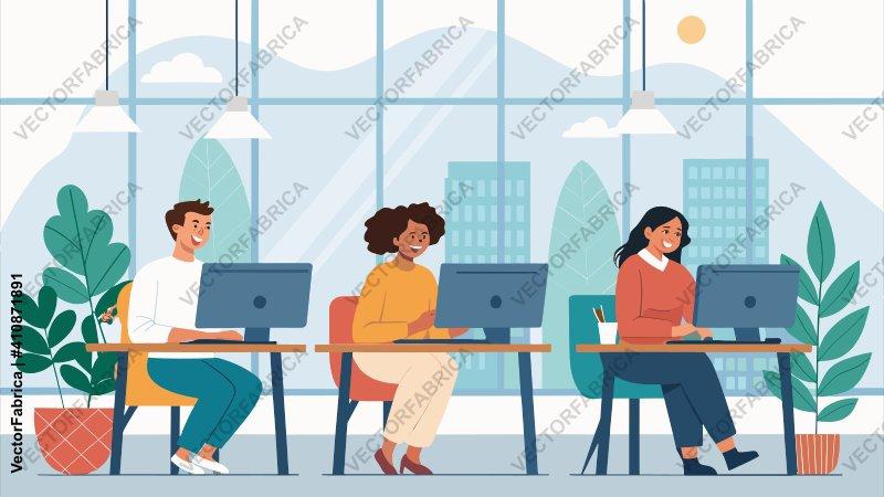 Diverse team working on computers in a modern flat office illustration