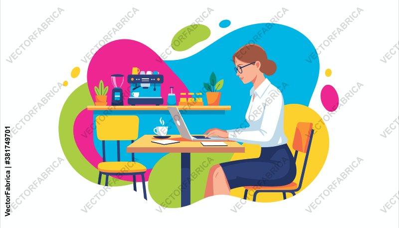 Business woman working on laptop in modern cafe illustration