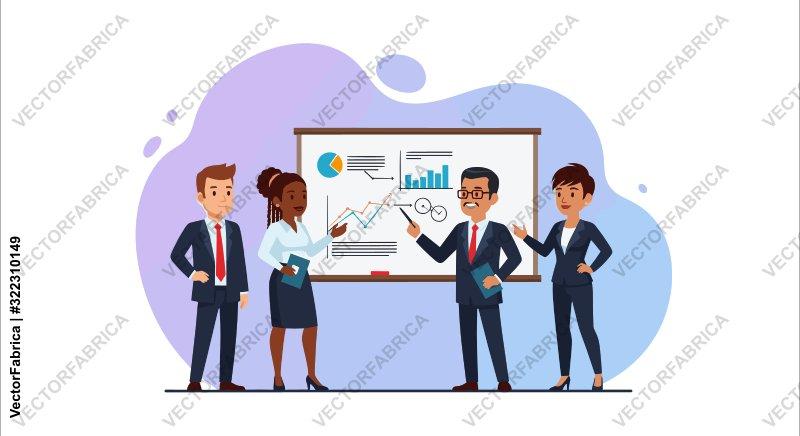 Business Team Presenting Data Analysis on Whiteboard Illustration