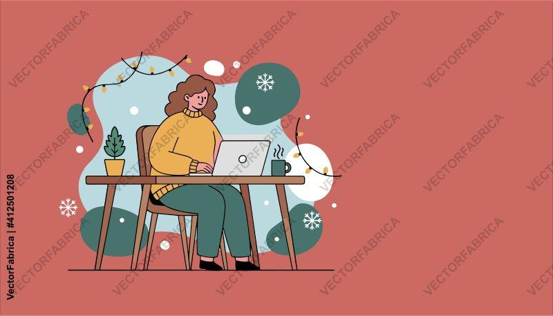 Woman Working on Laptop with Cozy Winter Holiday Decorations