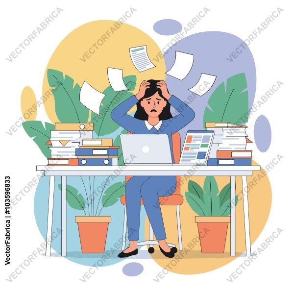Stressed Businesswoman Overwhelmed by Paperwork at Office Desk Illustration