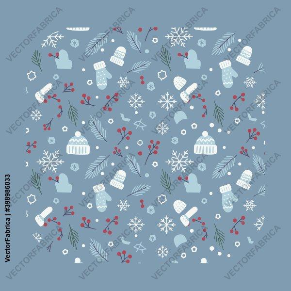 Seamless Winter Pattern with Mittens and Snowflakes