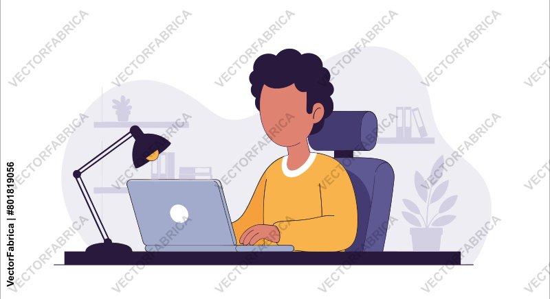 Man working on laptop at home office desk vector illustration
