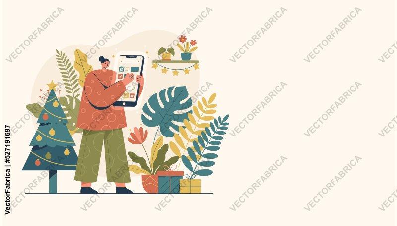 Woman Using Smartphone for Holiday Online Shopping Illustration