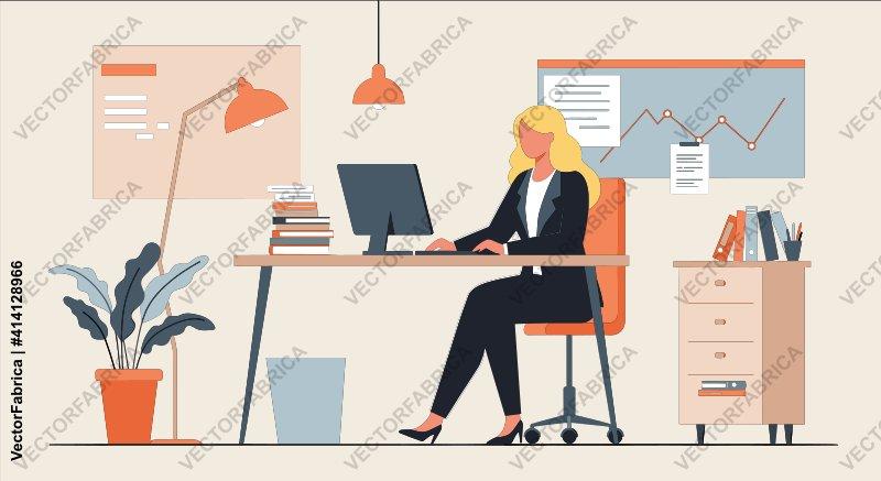 Businesswoman working at desk in modern office flat vector illustration