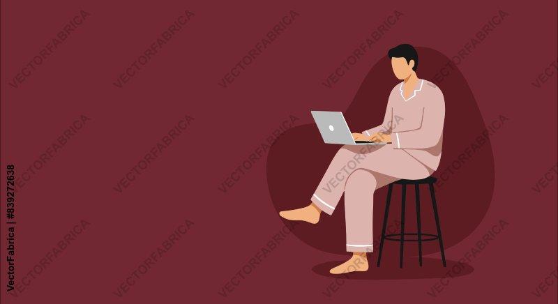 Man in Pajamas Working on Laptop Flat Illustration