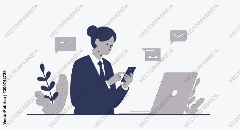 Businesswoman using smartphone and laptop flat vector illustration