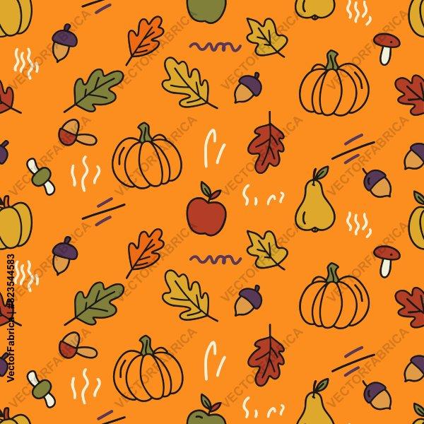 Autumn Harvest Doodle Seamless Pattern with Pumpkins and Leaves