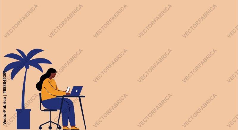 Minimalist woman working on laptop at desk illustration