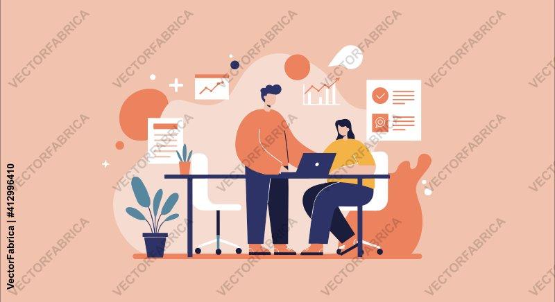 Modern Flat Illustration of Business Coworkers Working Together in Office