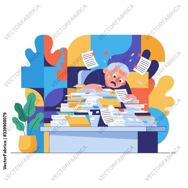 Overwhelmed Senior Businessman Buried Under Paperwork