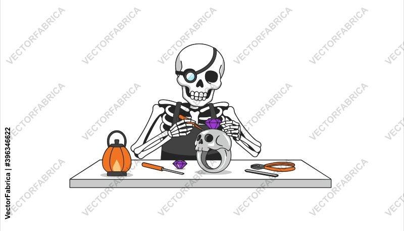 Skeleton Jeweler Crafting Skull Ring Vector Illustration